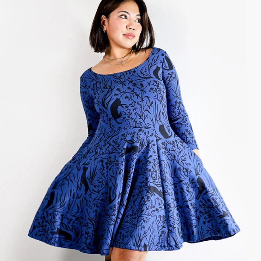 Thief and Bandit Midnight Cattails Twirl Dress - Size M - Blue with Black Print
